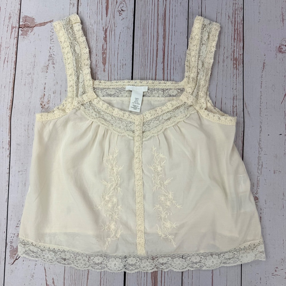 HM Cream Lace Trim Embroidered Sleeveless Camisole Top Small Boho Cottagecore